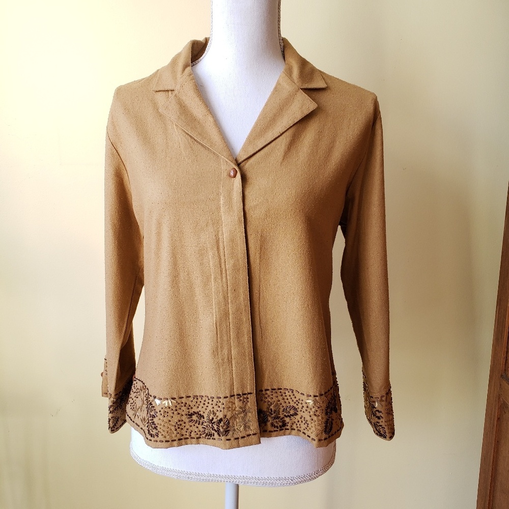 Gold raw silk top with beading